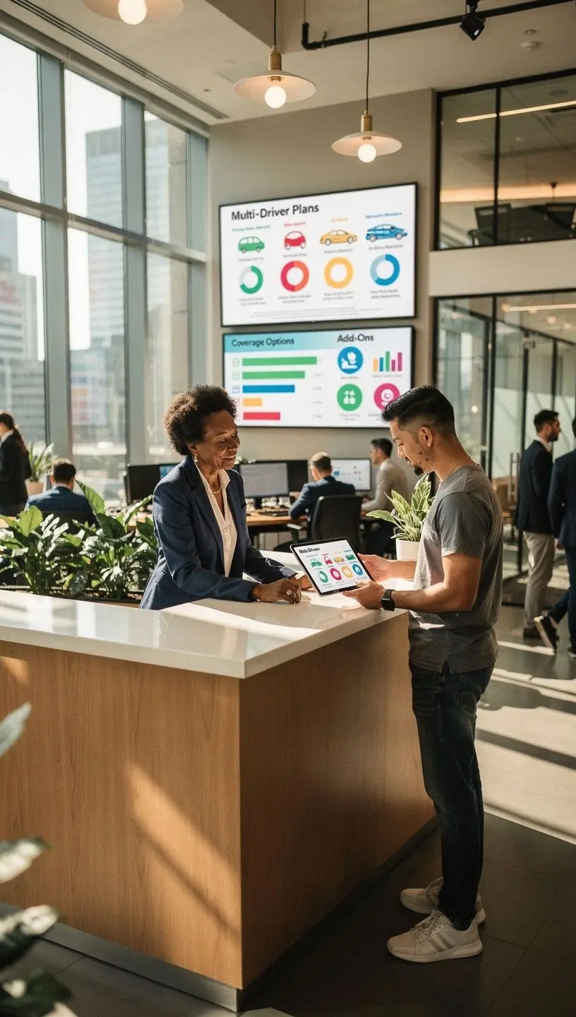 Graficzna ilustracja interfejsu porównawczego planów ubezpieczeniowych dla wielu kierowców.